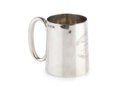 A late Victorian silver mug, of slightly tapered form with plain loop handle, presentation