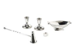 A George V silver boat shaped dish, with cylindrical ivory twin handles, by Goldsmiths &