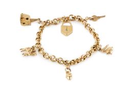A charm bracelet, the belcher-link bracelet indistinctly stamped '750', suspending five assorted