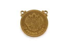 A Nicholas II gold 10 roubles coin, dated 1903, with later soldered pendant fittings