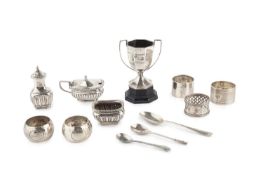 A collection of silver, comprising a twin handled small trophy cup by Page, Keen & Page, London