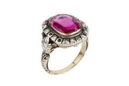 A synthetic ruby, diamond and enamel cluster ring, the possibly later replaced cushion-shaped