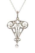 An Art Nouveau style diamond pendant, designed as a sinuous openwork cartouche of graduated old,