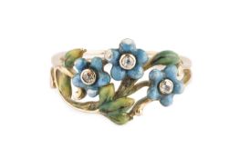 An enamel and diamond set floral dress ring, designed as a spray of blue enamel forget-me-not