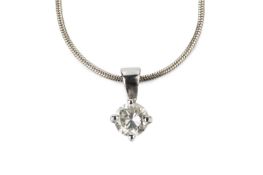 A diamond single stone pendant, the round brilliant-cut diamond in four claw setting, suspended from