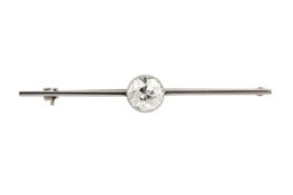 A diamond single stone bar brooch, the old brilliant-cut diamond in millegrain collet setting with