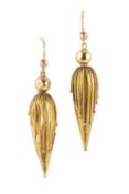 A pair of Victorian ear pendants, each hollow teardrop-shaped panel accented with ropetwist wirework