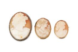 Three cameo brooches/pendants, each oval shell cameo carved to depict a classical female portrait