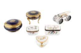 A pair of mother o'pearl veneered opera glasses, together with an enamel snuff box, painted with