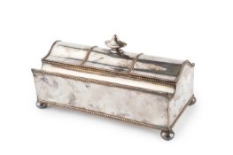 A Sheffield plate rectangular desk stand, with beaded borders, the shaped and hinged top opening