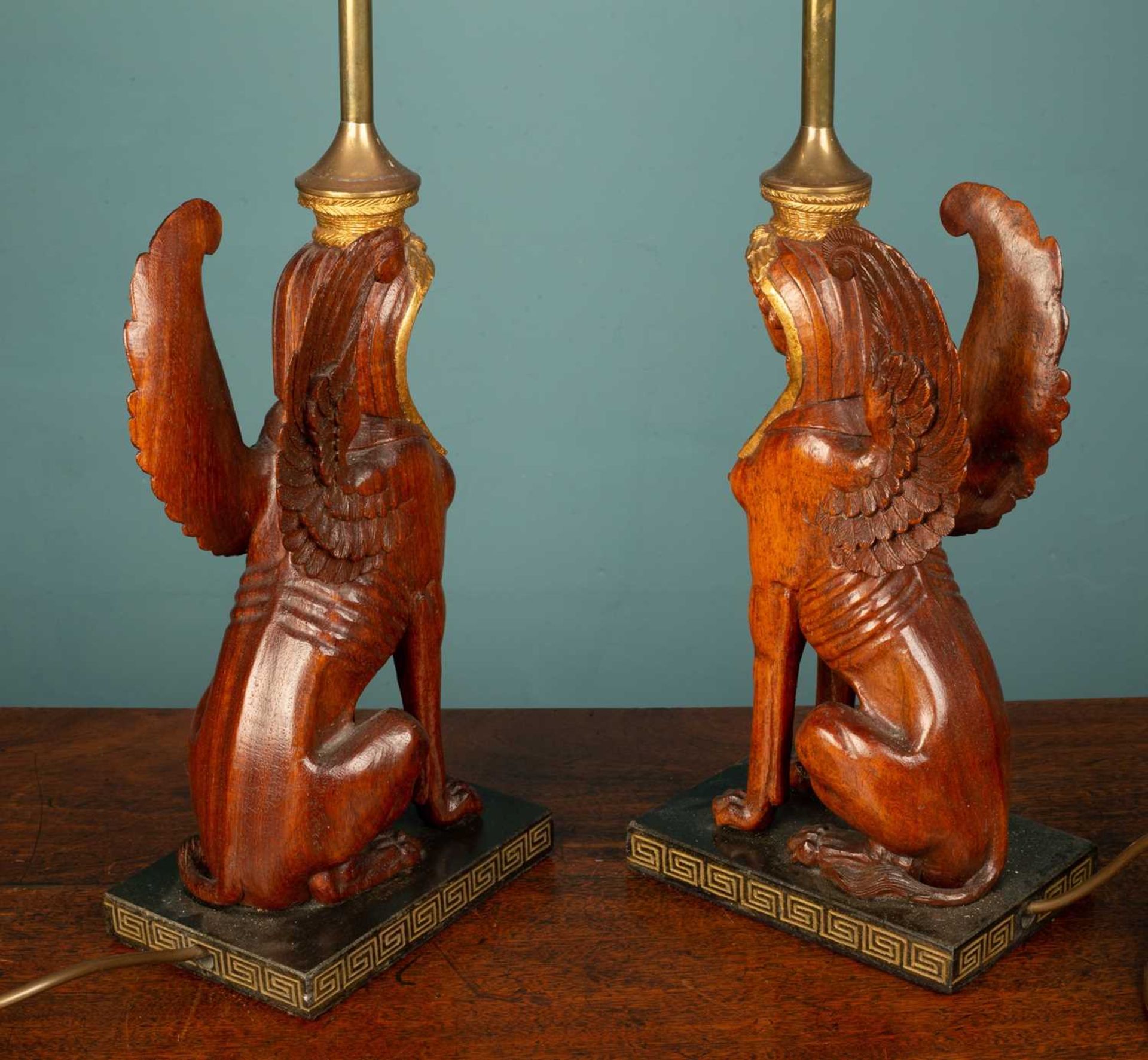 A pair of French art deco empire gilded Sphinx table lamps - Image 3 of 3