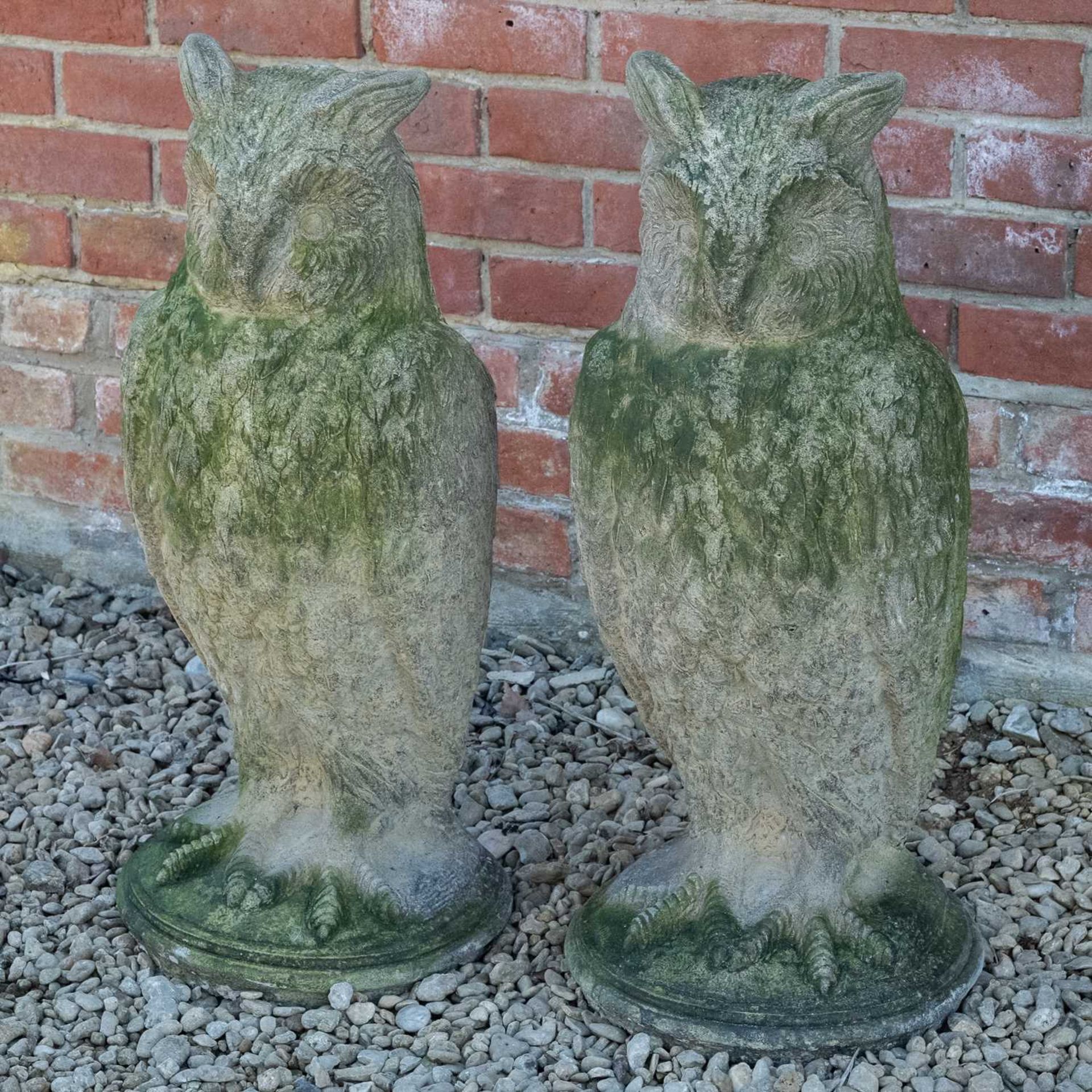A pair of antique reconstituted stone owl sculptures - Image 2 of 7