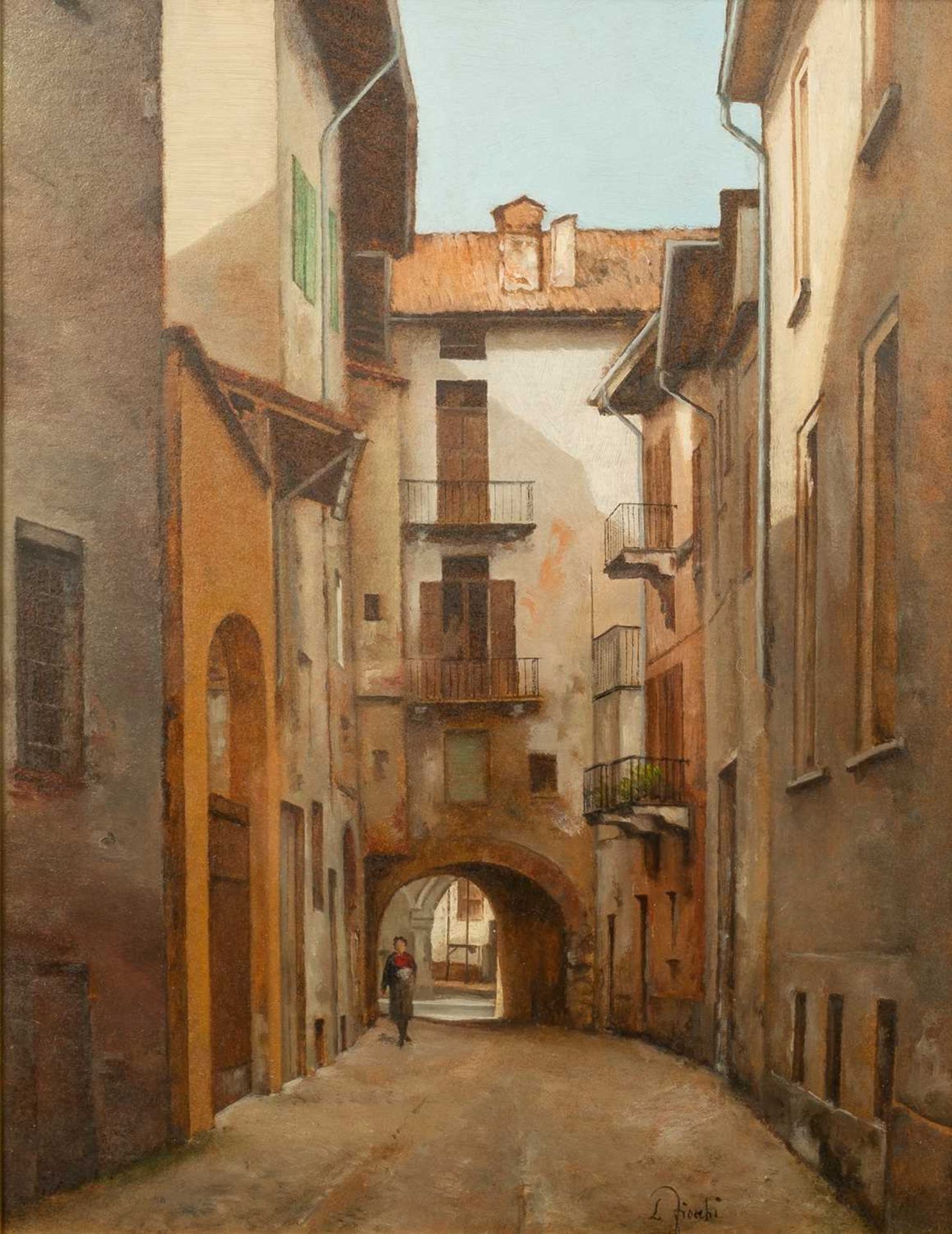 An oil painting depicting 'Pavia, Vicolo Longobardi'