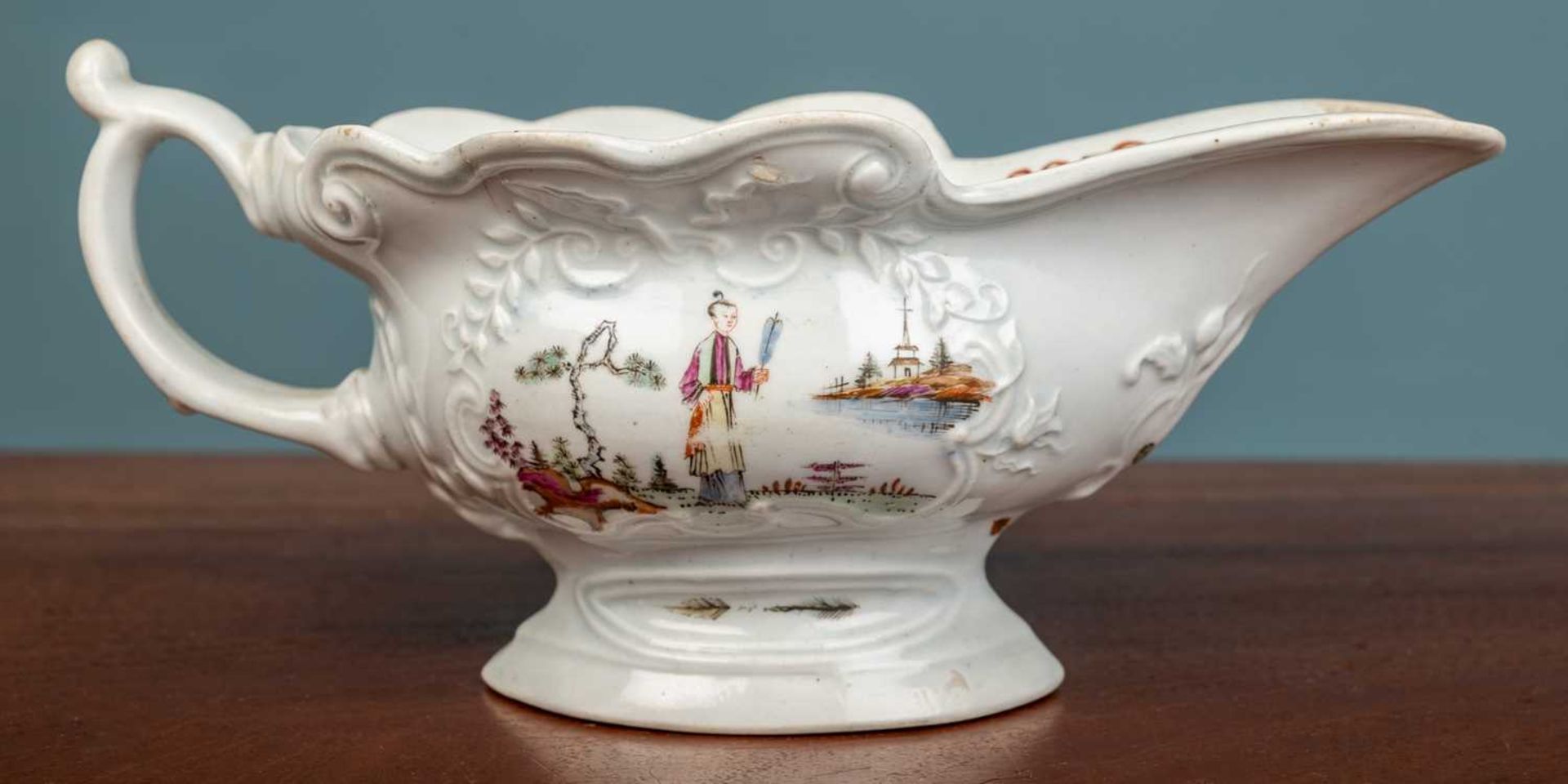 An 18th Century Bristol or Worcester sauceboat