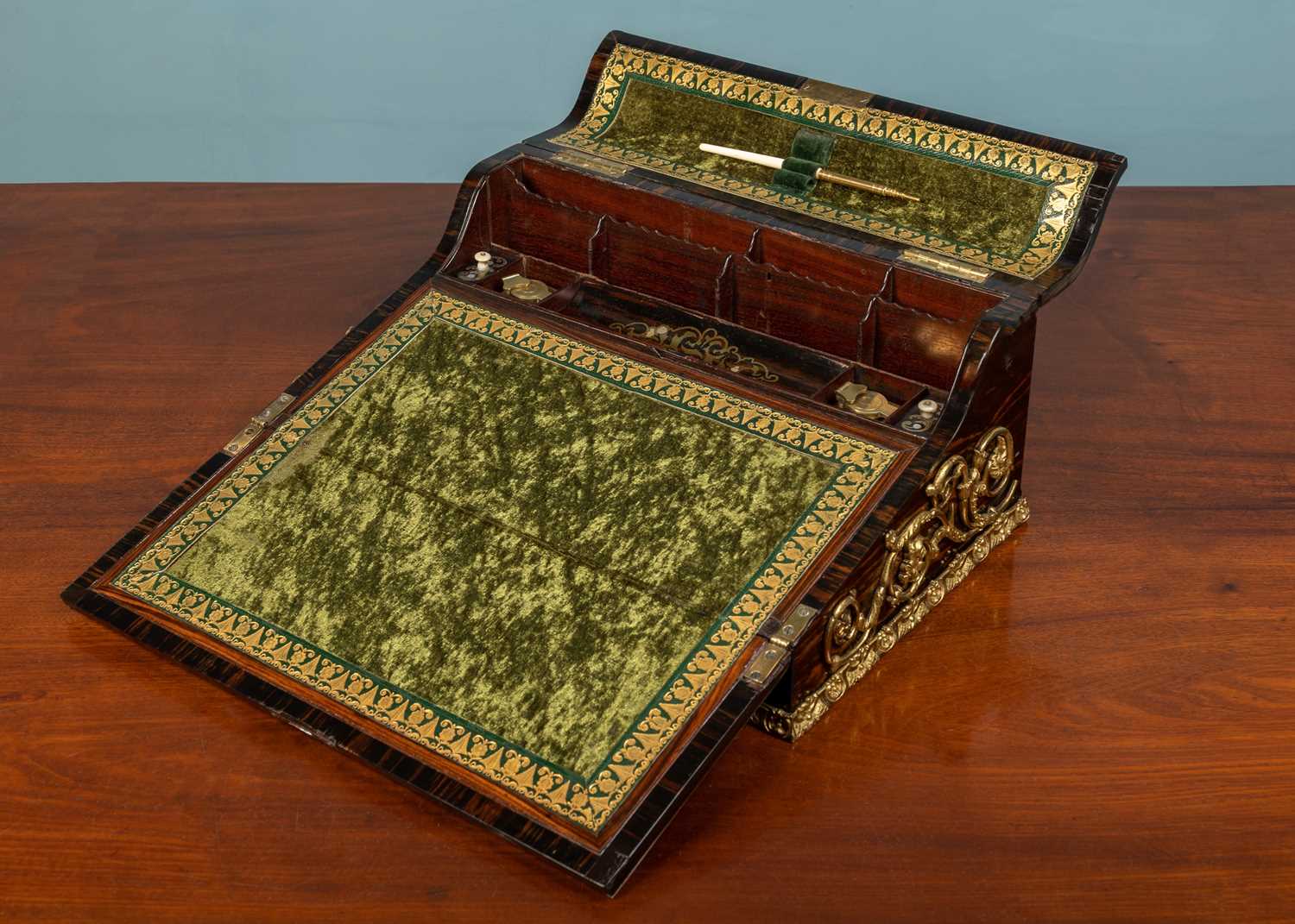 A Victorian coromandel veneered and mahogany sloped writing box - Image 3 of 4