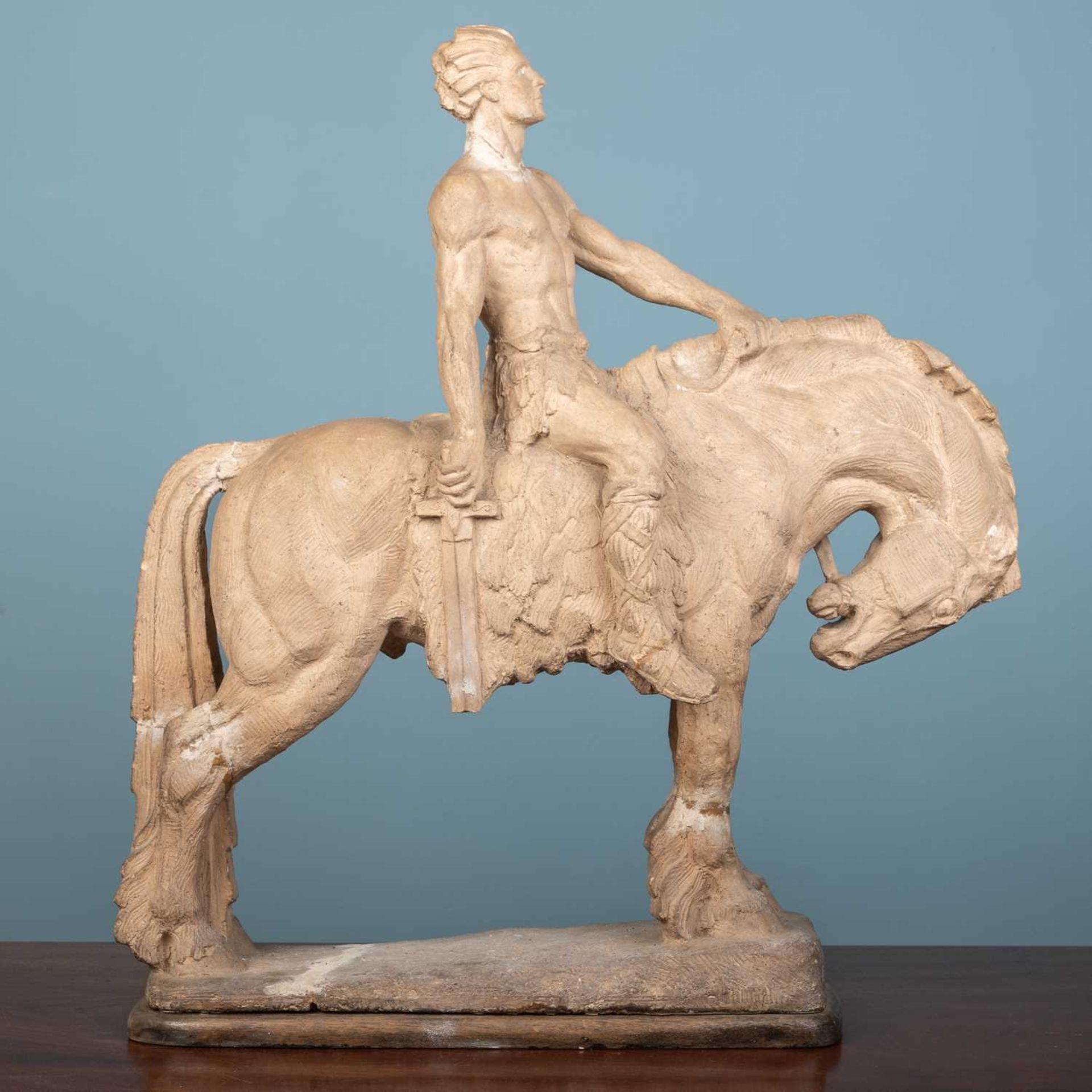Early 20th century German school terracotta figure of a warrior on a horse