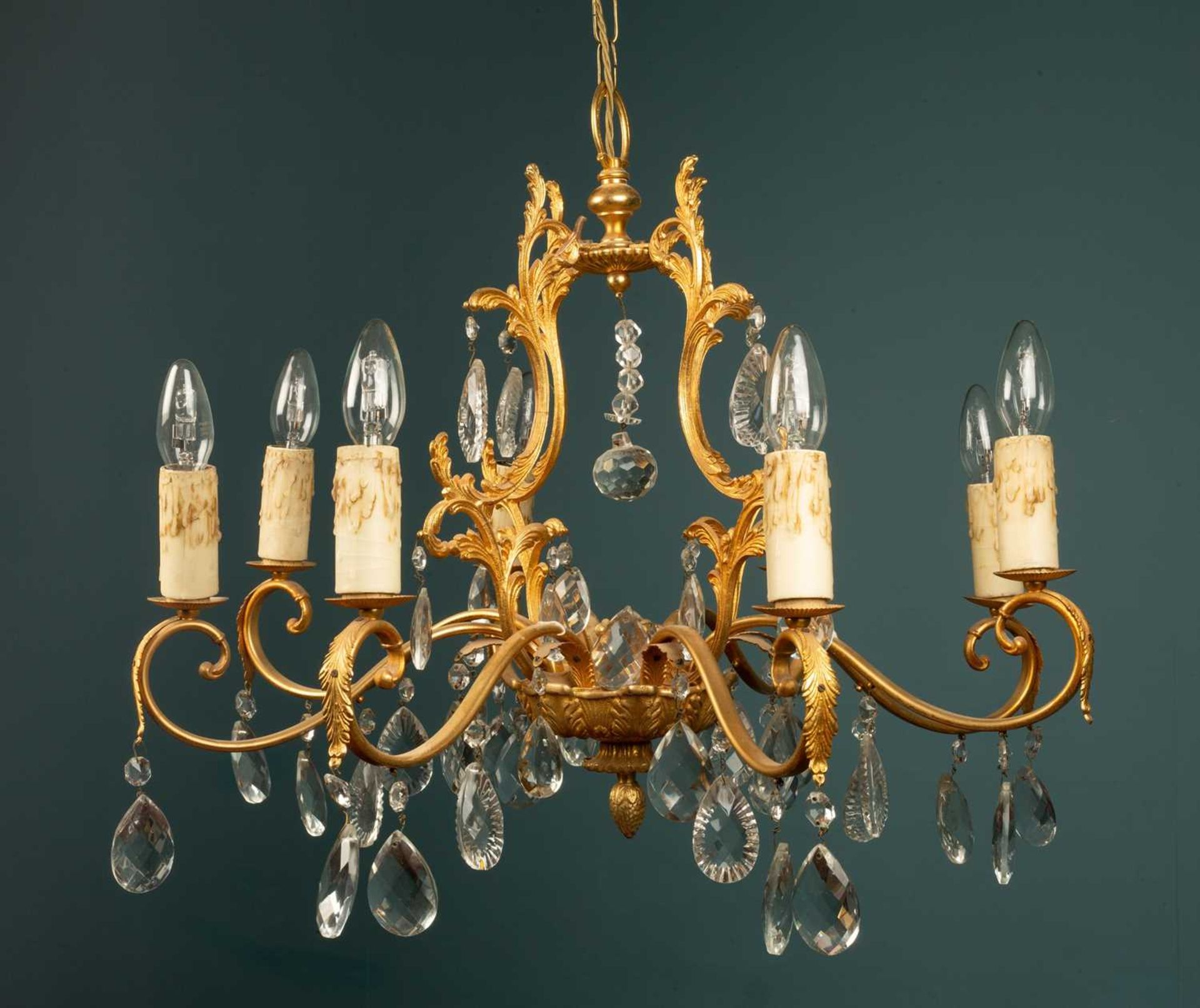 A French style brass eight-branch electrolier or chandelier