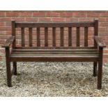 A brown stained teak garden two-seater bench