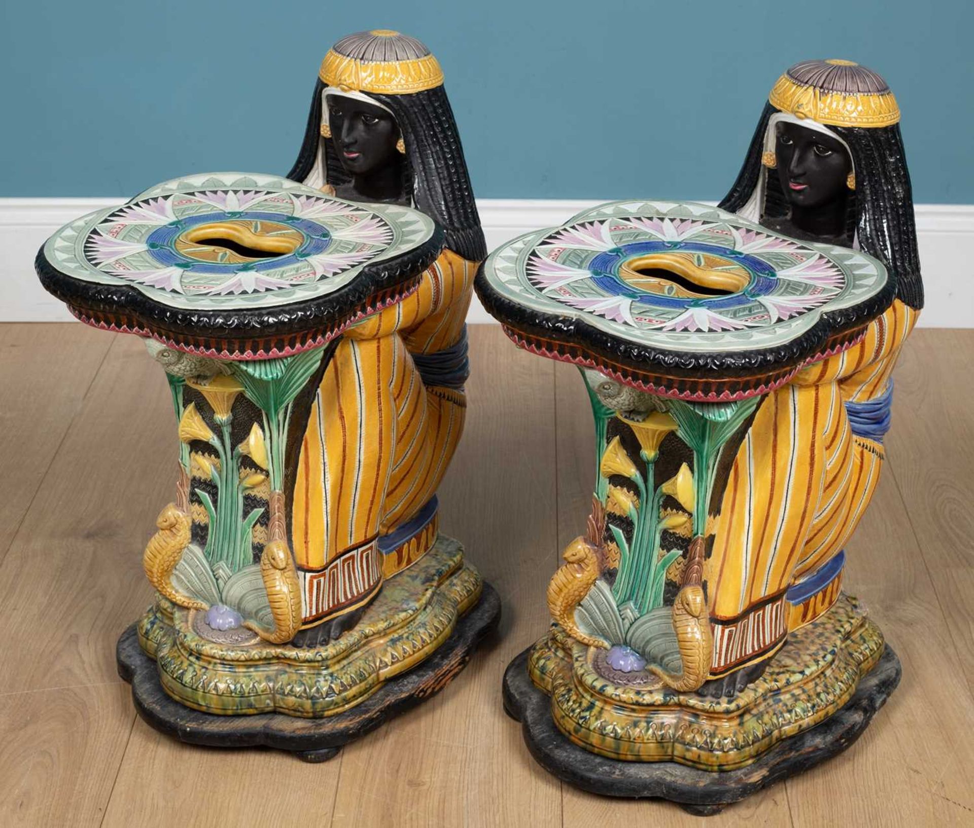 A pair of Majolica Egyptian Revival garden seats - Image 5 of 12