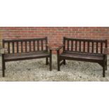 A pair of teak brown stained garden benches
