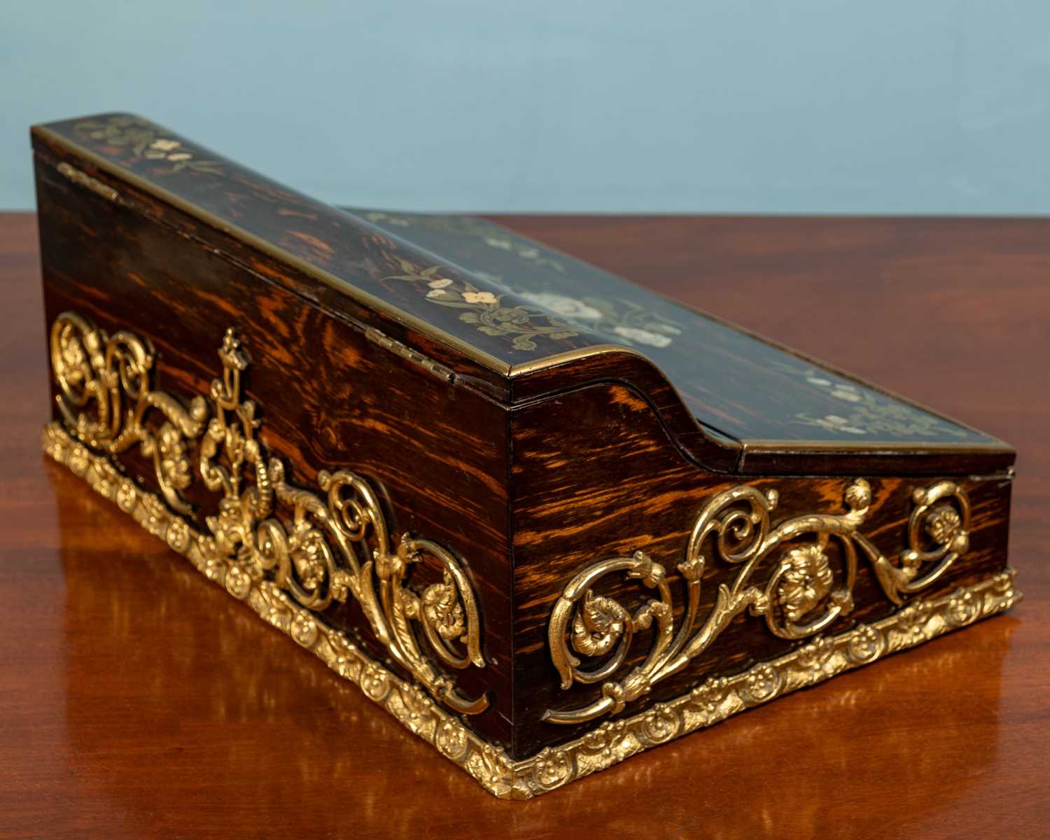 A Victorian coromandel veneered and mahogany sloped writing box - Image 2 of 4