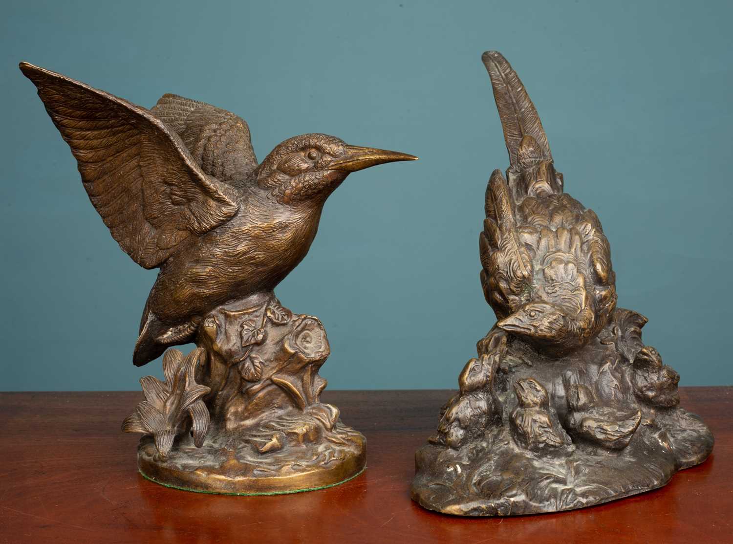 A contemporary bronze sculpture of a Kingfisher and a contemporary bronze sculpture of a Pheasant