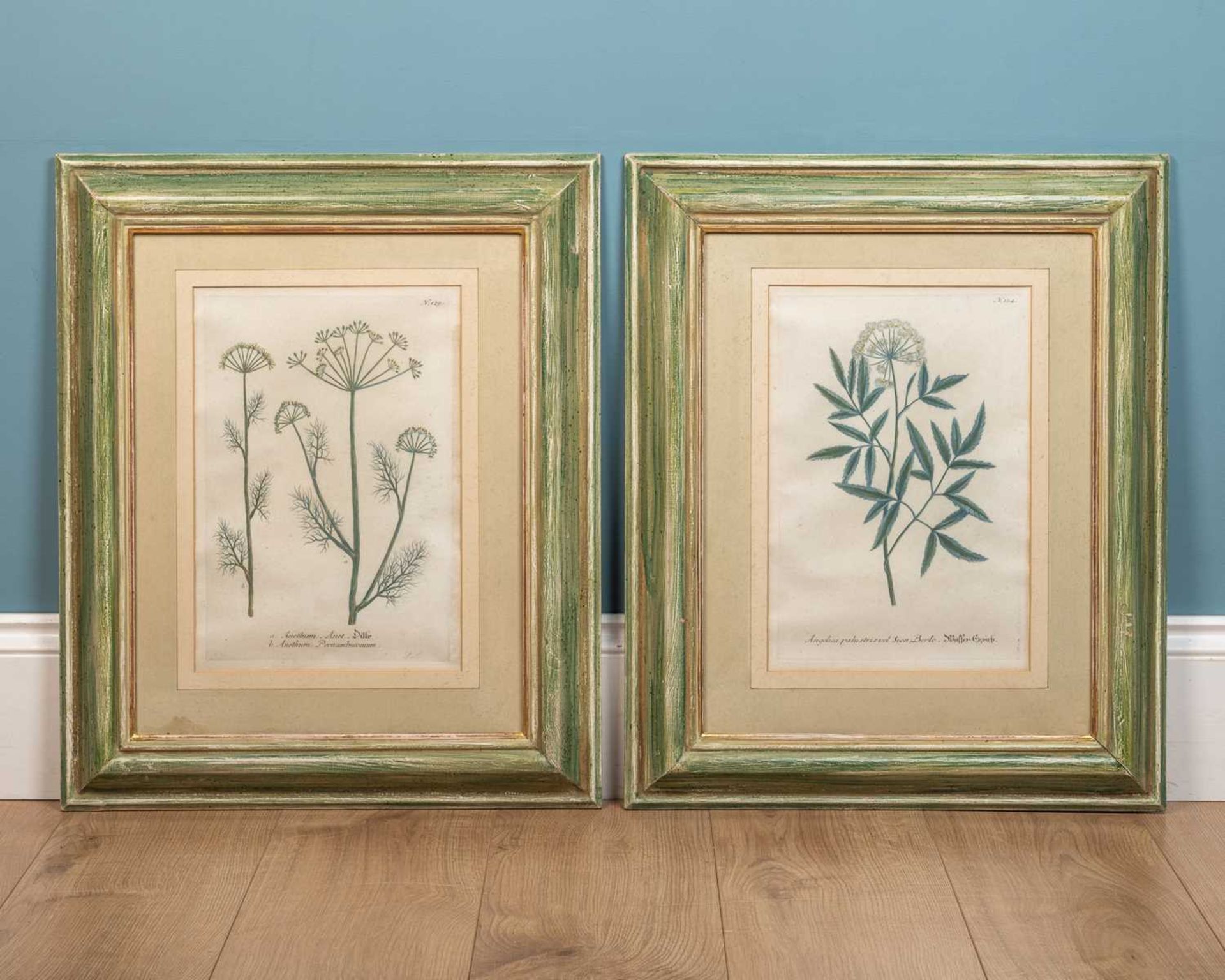 A pair of French style green distressed framed floral watercolour prints