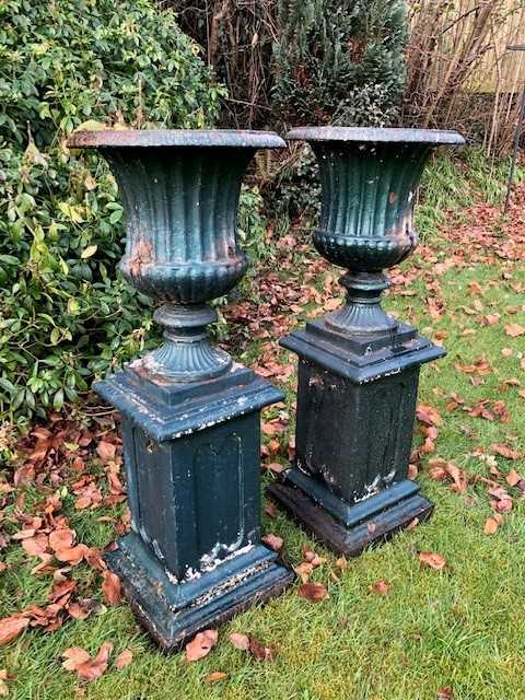 A pair of antique green painted cast iron campana urns - Image 3 of 8