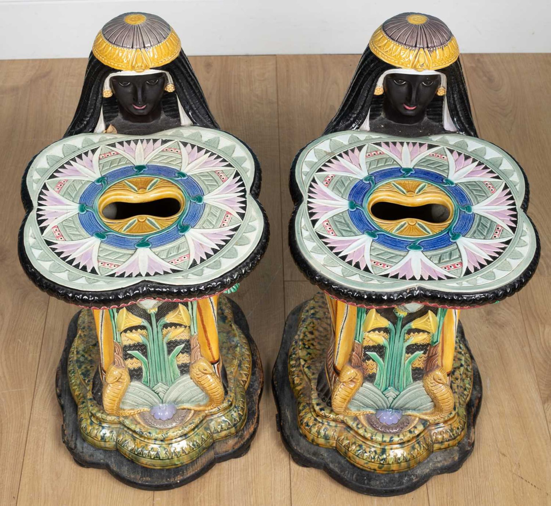 A pair of Majolica Egyptian Revival garden seats - Image 4 of 12