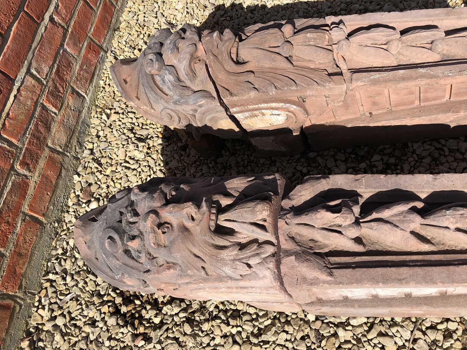 A pair of carved red sandstone architectural scrolling corbels - Image 3 of 7