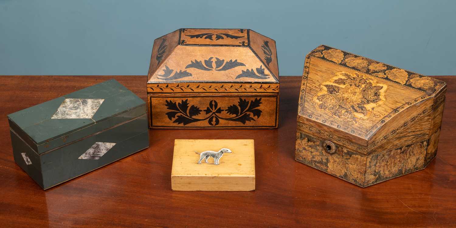A 19th century Tunbridgeware correspondence box; a marble cased cigarette box; a small leather cover
