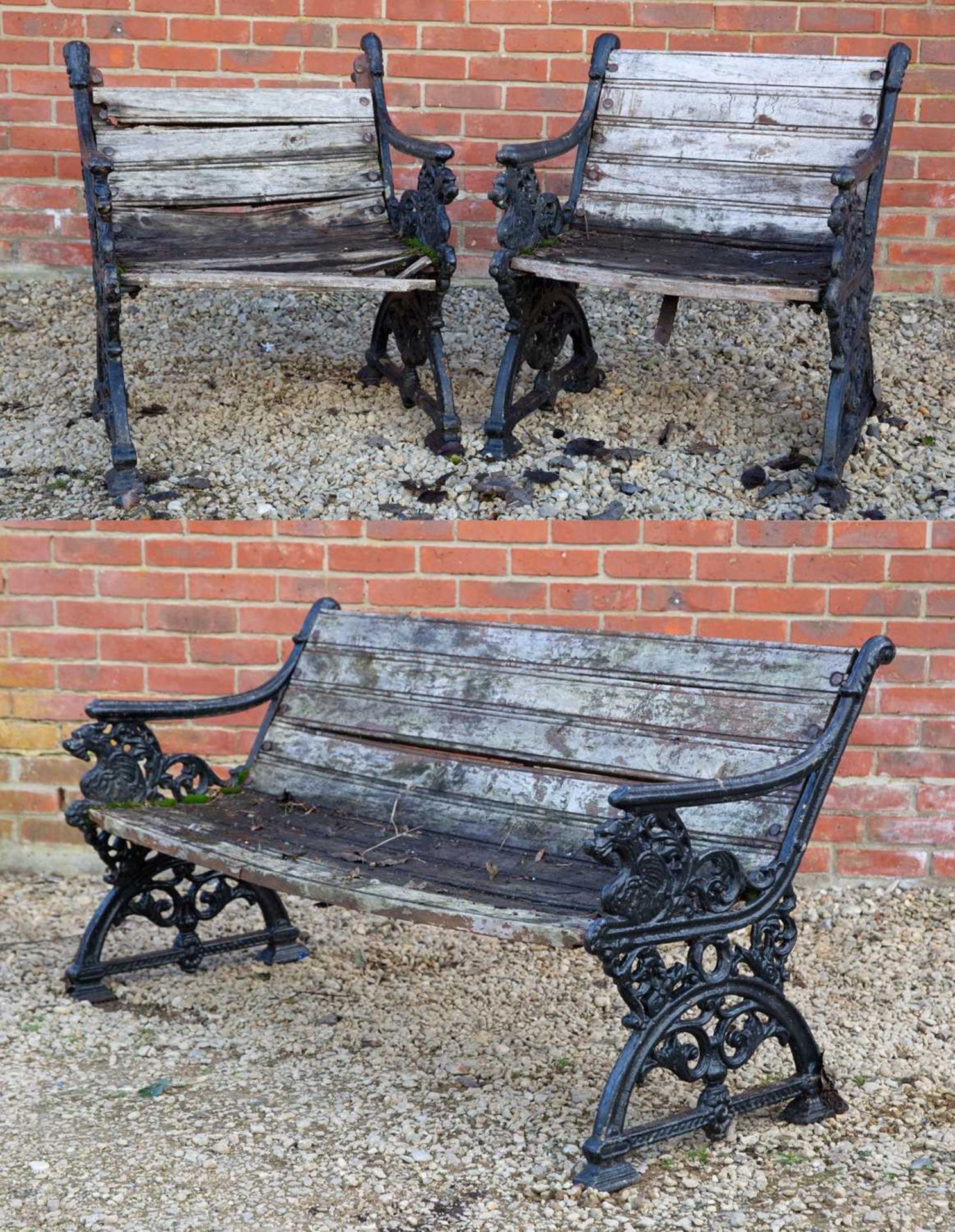 A garden bench and two matching seats