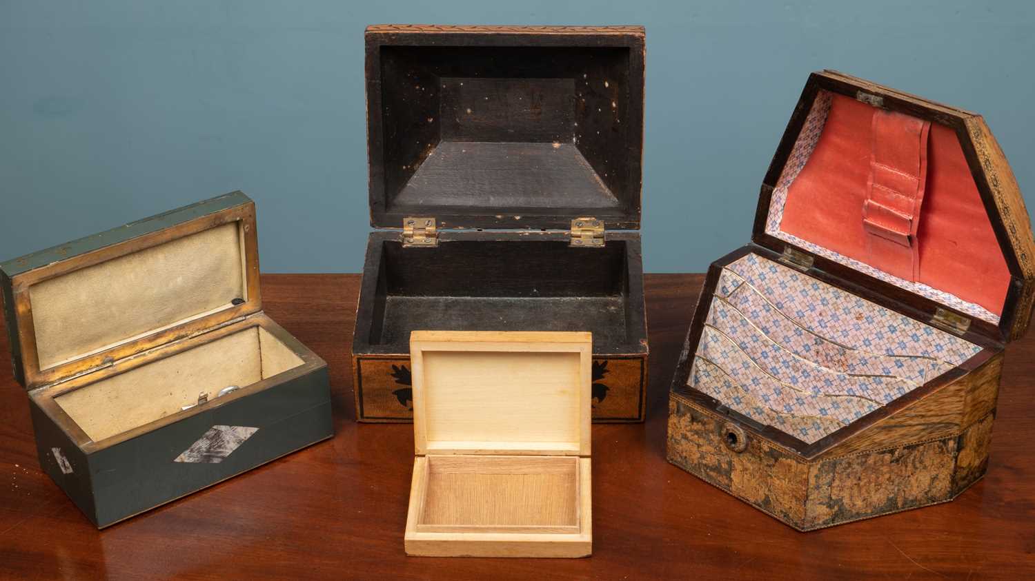 A 19th century Tunbridgeware correspondence box; a marble cased cigarette box; a small leather cover - Image 2 of 2