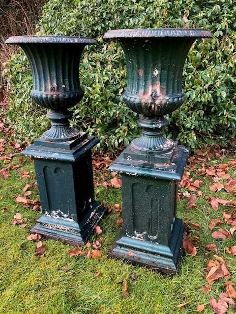 A pair of antique green painted cast iron campana urns - Image 2 of 8