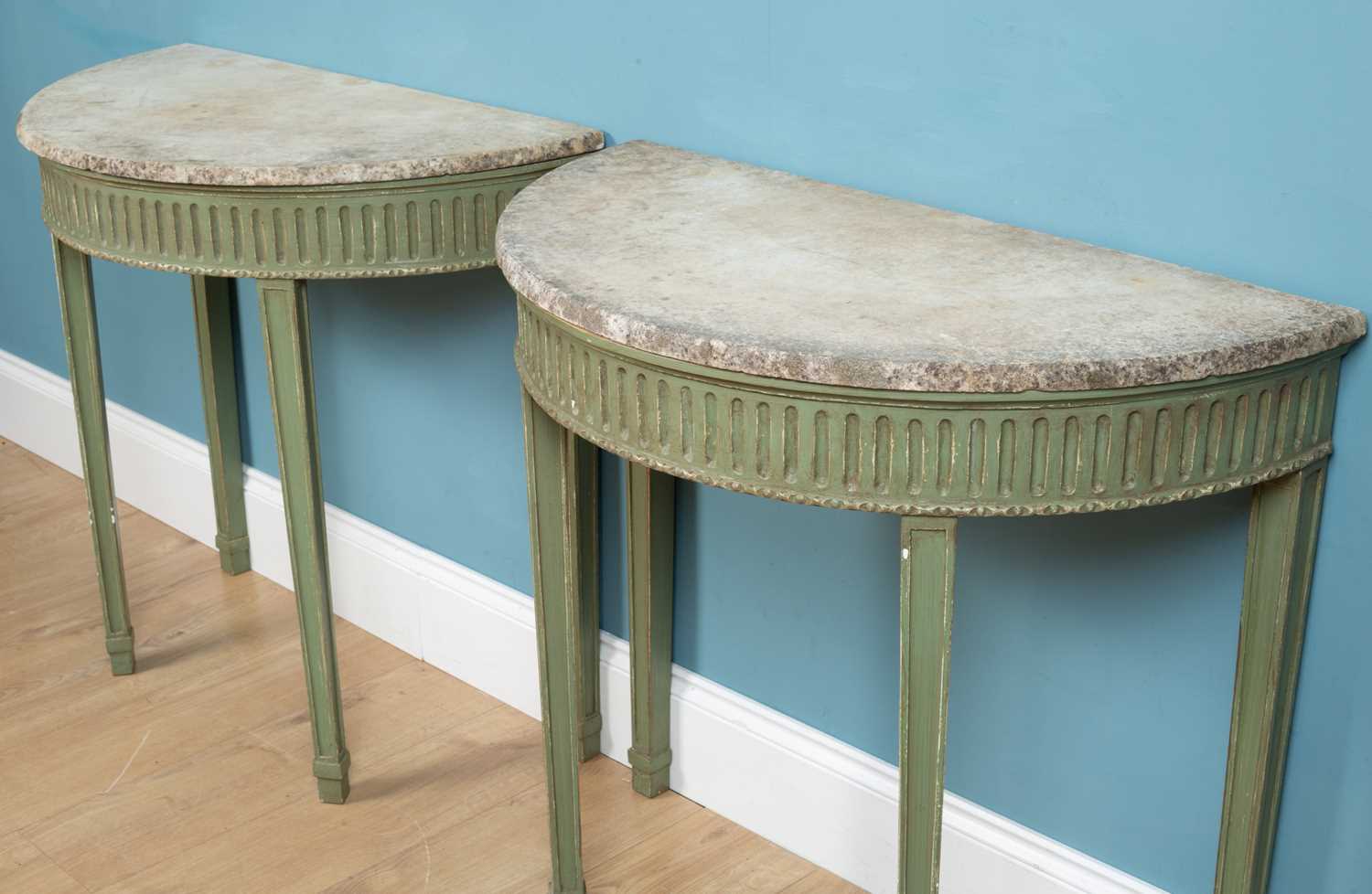 A pair of green-painted, marble-topped D-shaped console tables - Image 2 of 10