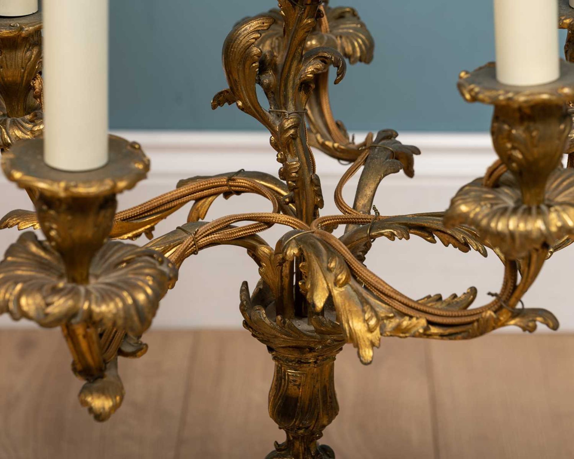 A pair of Rococo style continental gilt metal candelabra style lamp holders - Image 2 of 5