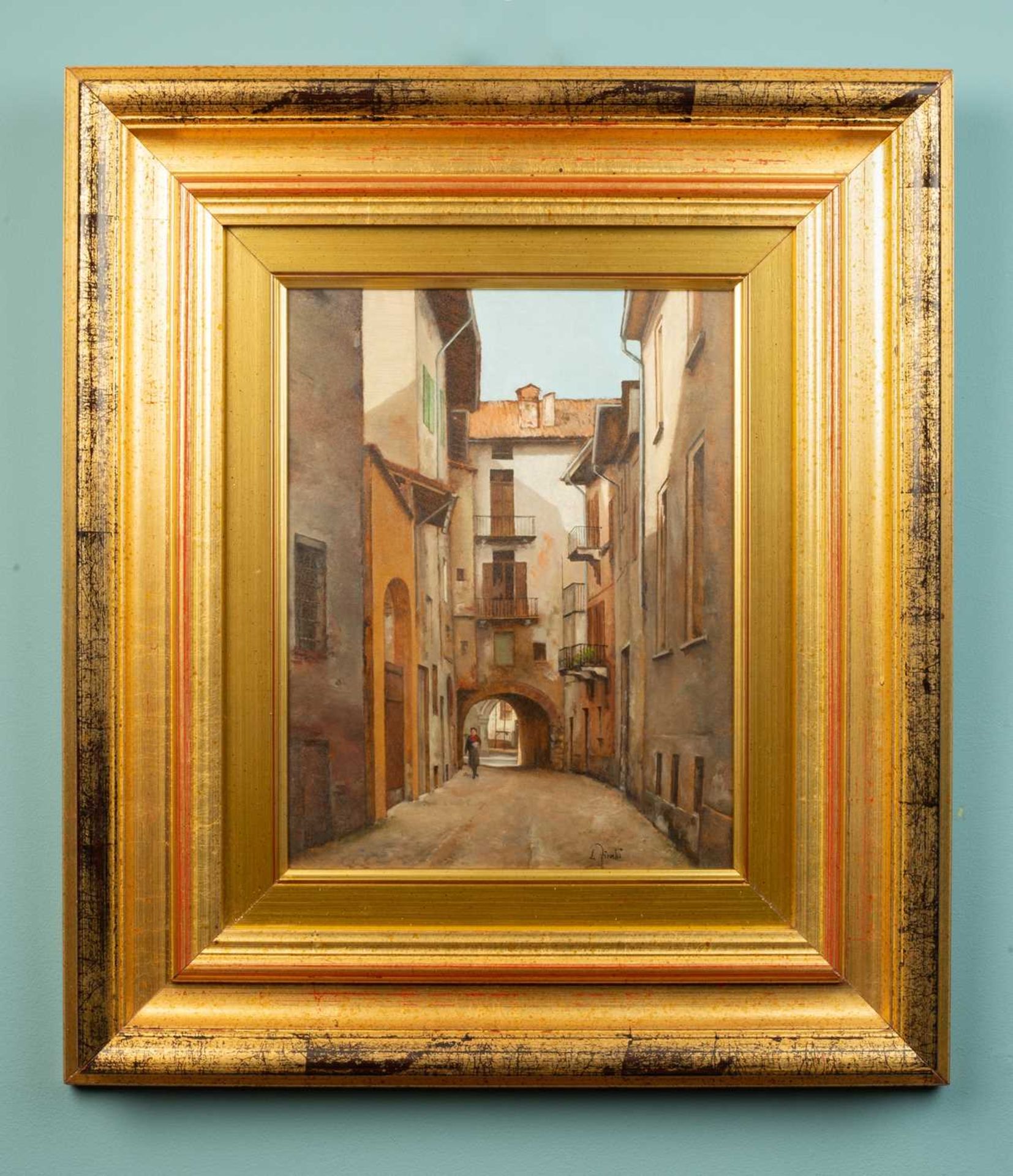 An oil painting depicting 'Pavia, Vicolo Longobardi' - Image 2 of 3