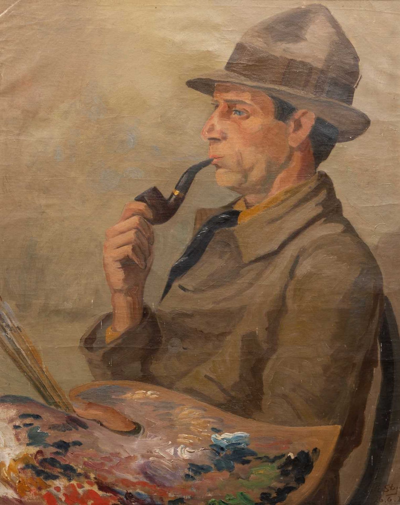 A portrait of the artist smoking with pipe with his palette, Danish school