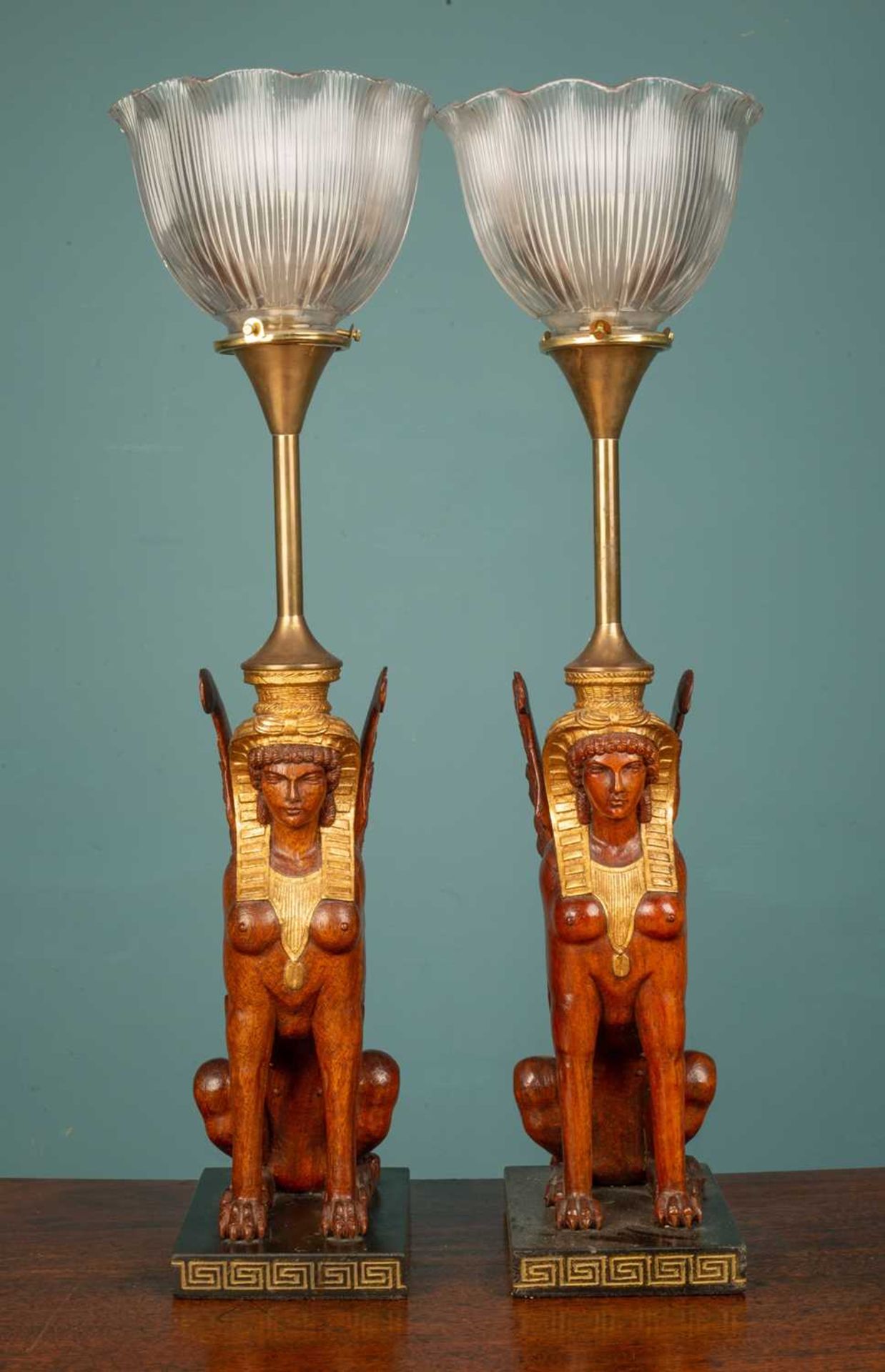 A pair of French art deco empire gilded Sphinx table lamps - Image 2 of 3