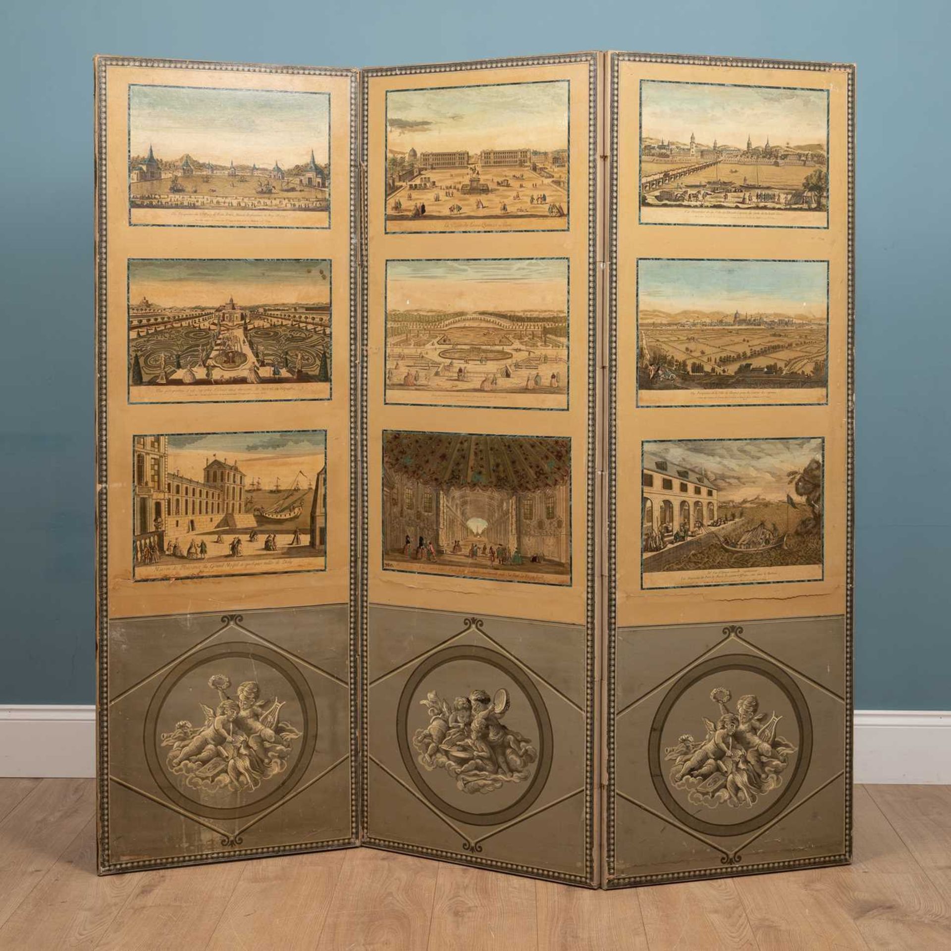 A folding canvas screen decorated with nine 18th century French etchings