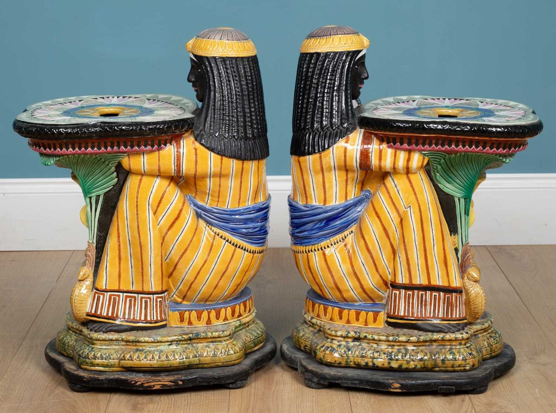 A pair of Majolica Egyptian Revival garden seats - Image 3 of 12