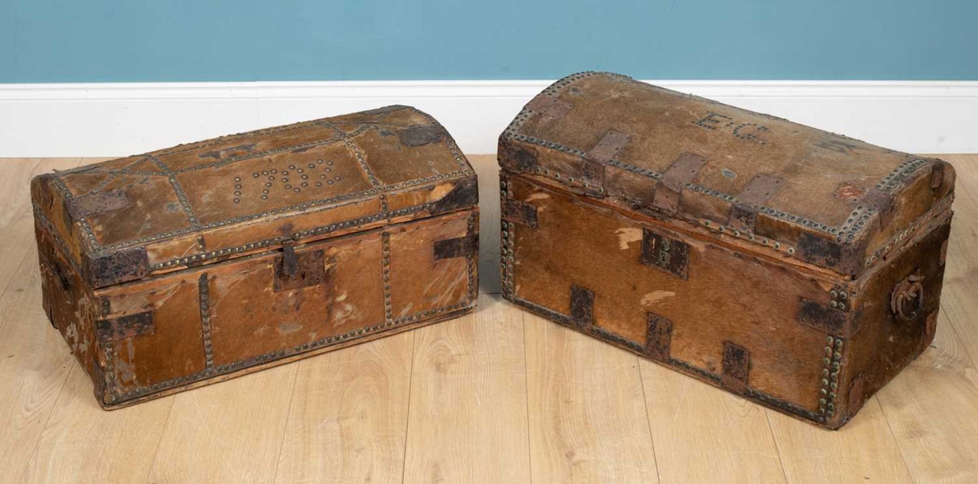 Two pony hide dome topped trunks