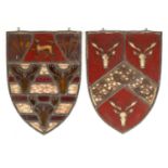 A pair of antique leaded stained glass armorial shields