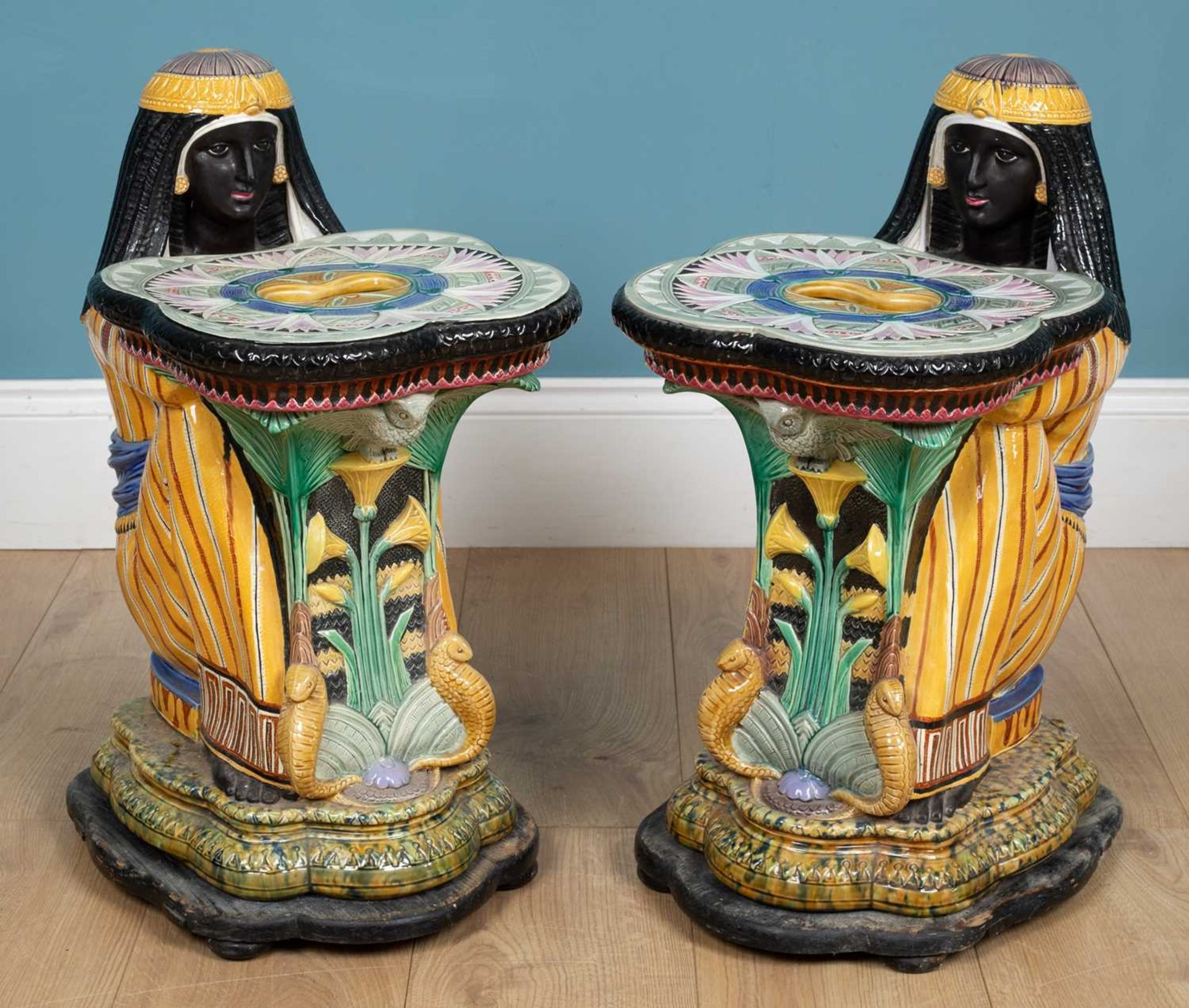 A pair of Majolica Egyptian Revival garden seats