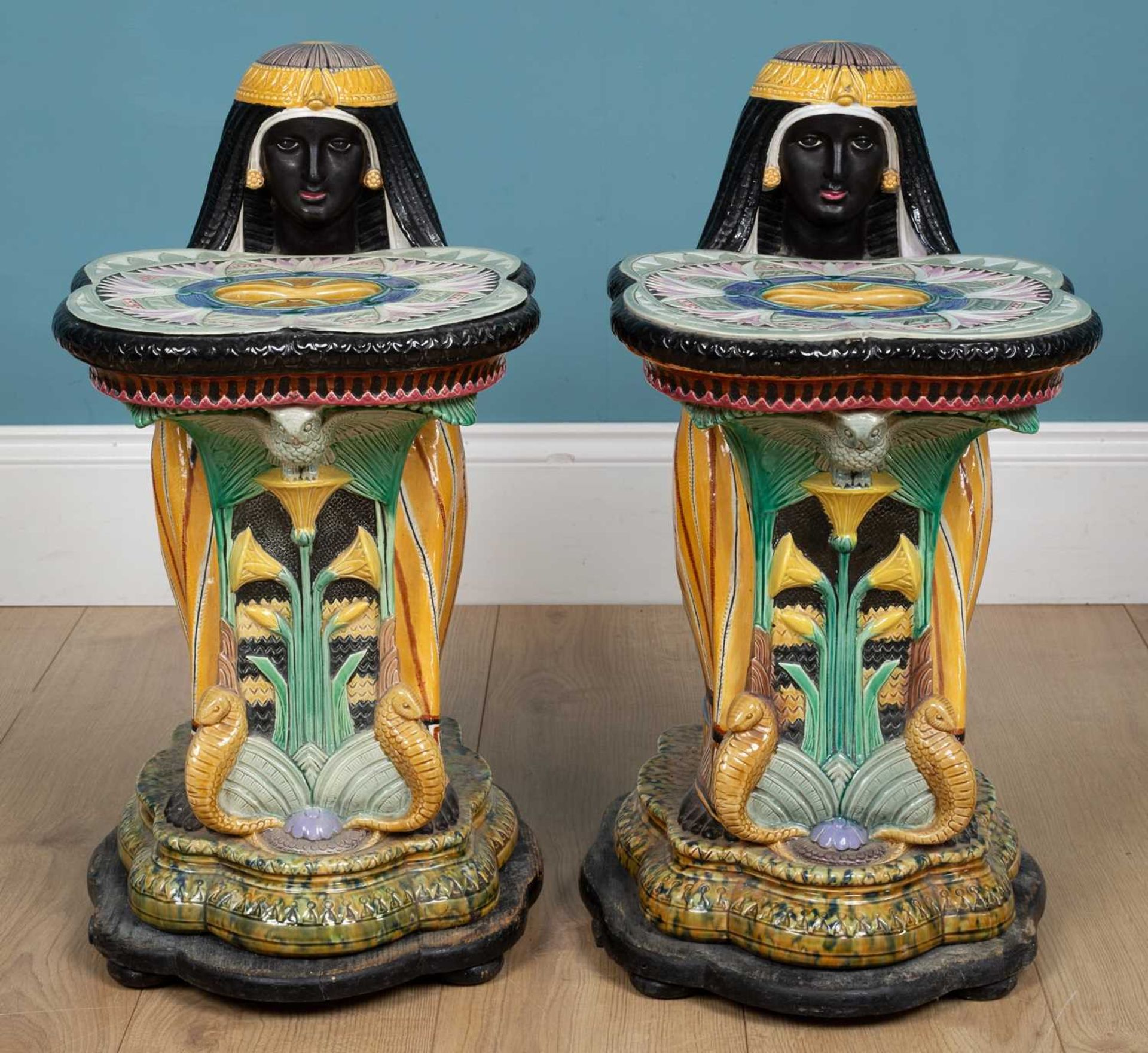 A pair of Majolica Egyptian Revival garden seats - Image 2 of 12