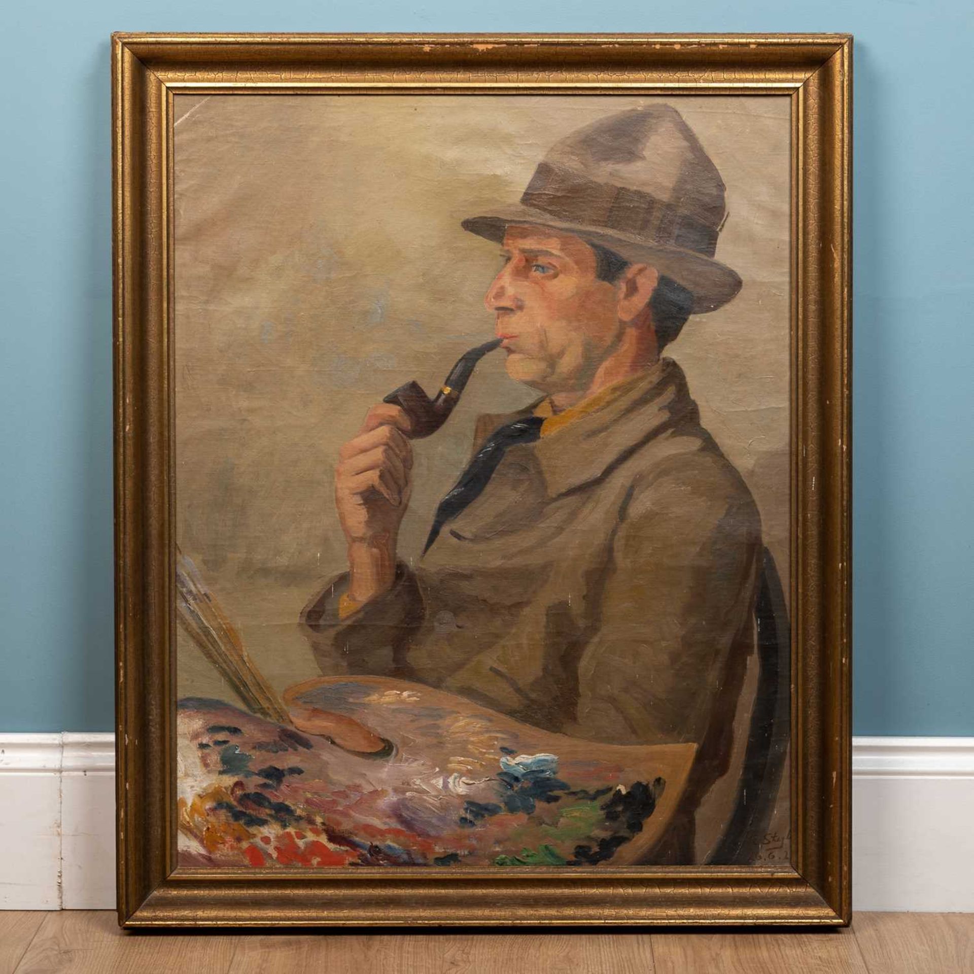 A portrait of the artist smoking with pipe with his palette, Danish school - Image 2 of 5