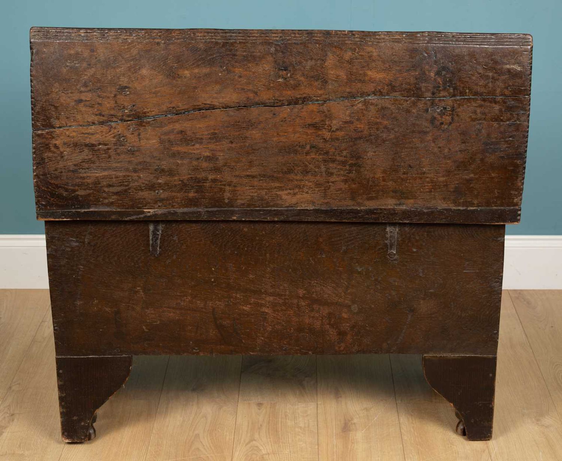 An antique oak six plank chest or coffer - Image 4 of 5