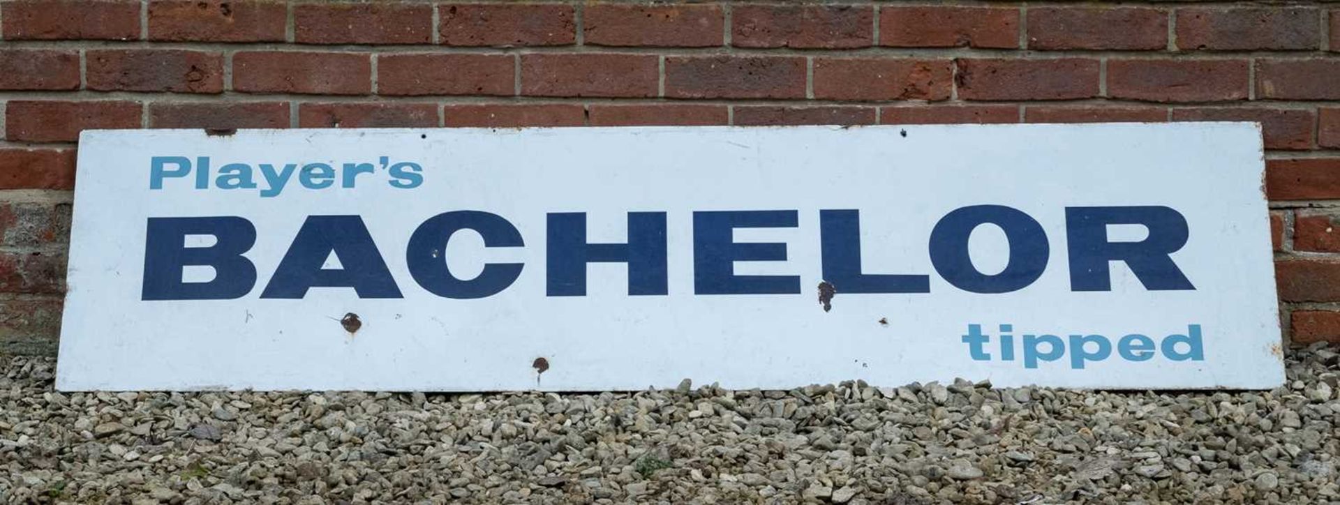 A large vintage 'Player's Bachelor Tipped' blue and white metal sign