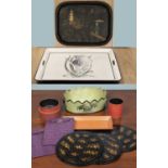 An assortment of OKA items to include a large floral tray and stand, one chinoiserie, two purple