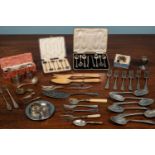 An assortment of silver and silver plated cutlery comprising of a red box of seven empire nickel